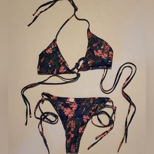 Tropical String Bikini Set, Dark Blue with Vibrant Birds, Flowers, & Plants, Med